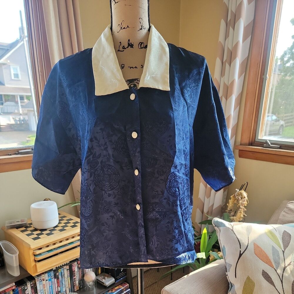 VTG Victoria's Secret Gold Label Navy Blue Button Down Sleep Shirt Floral Size S